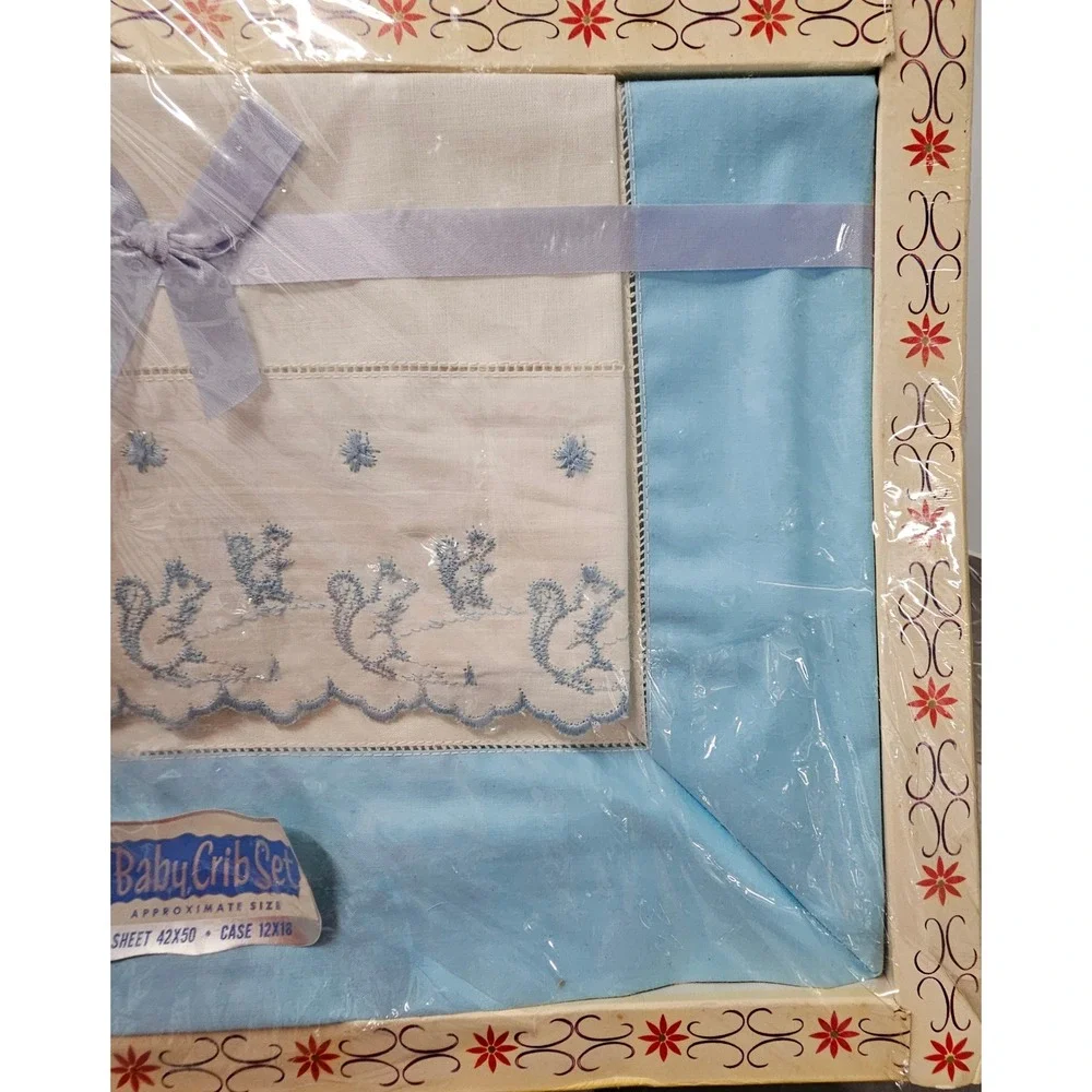 Vintage Baby Crib Set Blue Embroidered Squirrel Sheet and Pillowcase New in Box